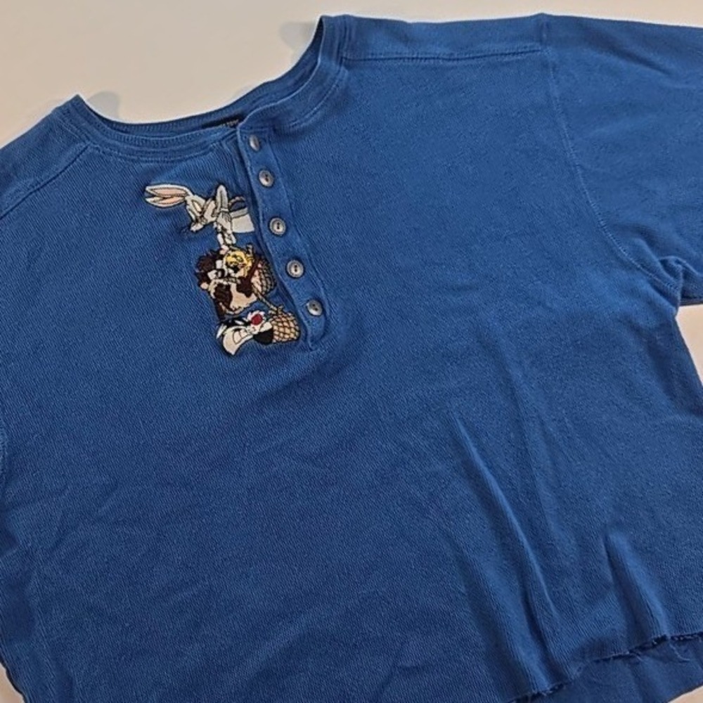 VTG 1997 Warner Bros Studio Store Looney Tunes Blue Henley Boxy Crop Tee Shirt